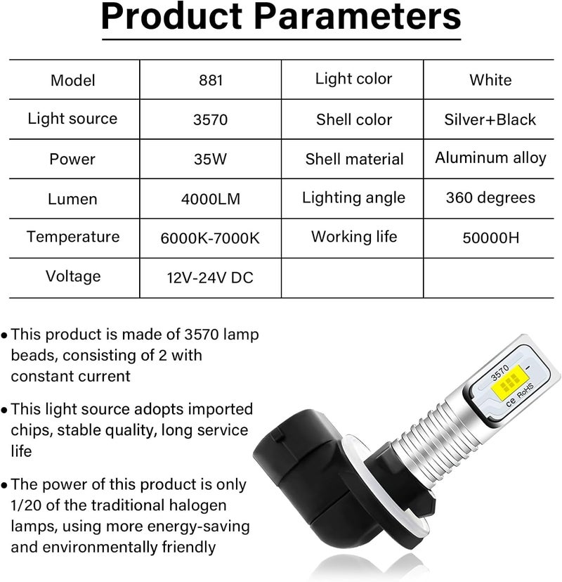 NIULPFZTK 881 LED Fog Light Bulbs for Polaris Ranger Sportsman RZR 500 570 700 800 Arctic Cat ATV 400 500 550 650 700 1000 LED Headlight Bulbs, 6000K Super White Fog Light, ATV UTV Accessories (2pcs) - Image 3